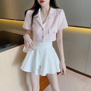 (HÀNG CÓ SẴN) Set áo croptop hồng phối quần trắng ngắn lưng cao dáng rộng trẻ trung siu xinh (có hình thật)