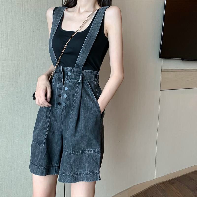 Yếm Quần Jeans Ống Rộng Xám Đen Cúc Dọc Ulzzang - Quần Yếm Nữ Jeans Short YQ06