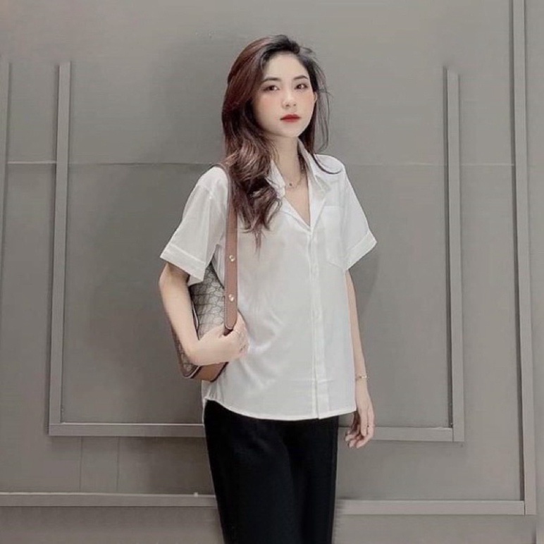Áo sơ mi nữ cộc tay công sở đẹp form rộng kiểu tay lỡ Hàn Quốc vải lụa cao cấp màu Trắng form rộng