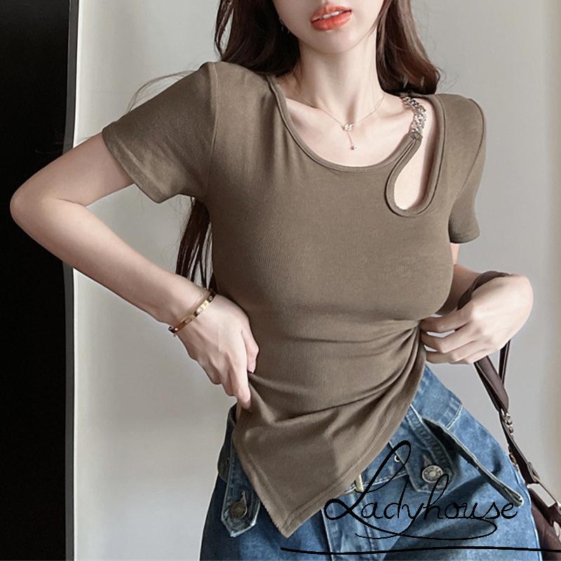 Áo Thun Tay Ngắn Phối Dây Xích Kim Loại Thời Trang Xuân Hè Cho Nữ