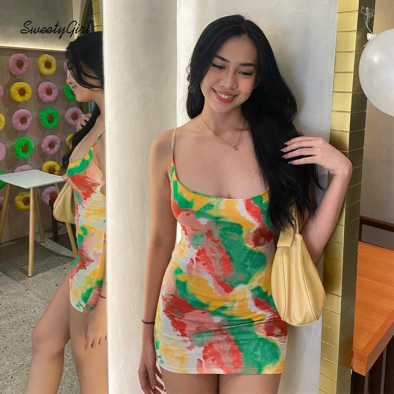 Đầm Mini Cổ Tròn Không Tay Eo Thấp In Họa Tiết Nhiều Màu Sắc Thời Trang 2022 Cho Nữ