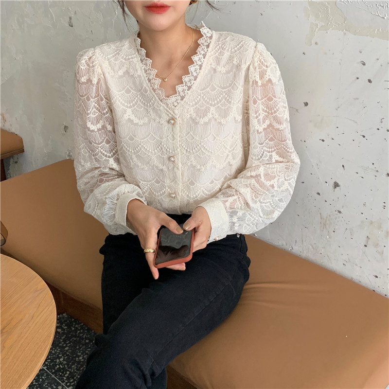 38821 Chic embroidery crochet  bottoming lace shirt women top