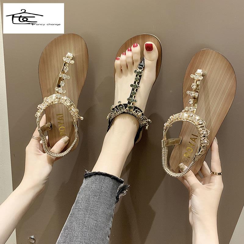 Giày Sandal Xỏ Ngón Đế Bằng Đính Đá Phong Cách Bohemian Thời Trang Đi Biển Cho Nữ