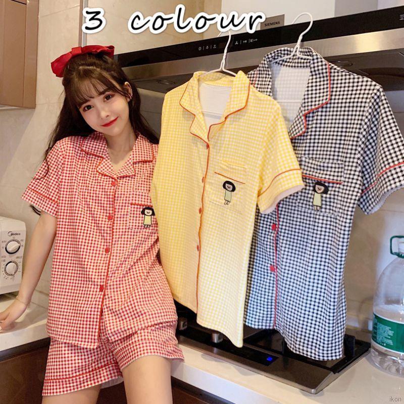 Bộ đồ ngủ ngắn tay họa tiết sọc caro xinh xắn cho nữ
