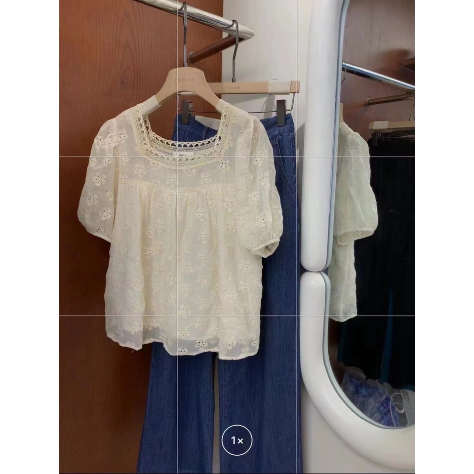 Dolltop thô thêu 2 lớp cổ u viền ren phong cách Ulzzang Hàn Quốc