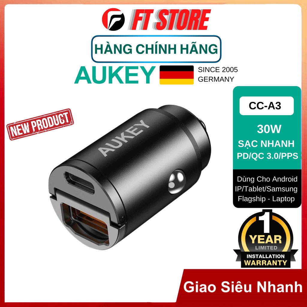 Tẩu Sạc Nhanh ô tô AUKEY CC-A3, CCA4, 2 Cổng, 30W hỗ trợ PD, QC 3.0, PPS BH18T