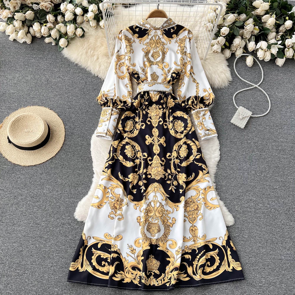 #2088  Đầm phong cách retro cổ sơ mi dài tay kèm thắt lưng họa tiết bắt mắt