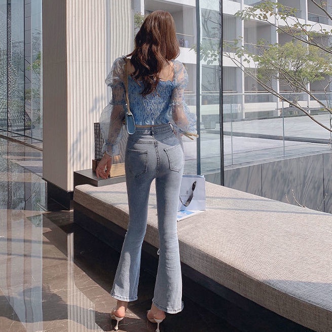 Quần jean lưng cao ống loe xẻ tà đính hạt thời trang Hàn Quốc quyến rũ dành cho nữ 2021
