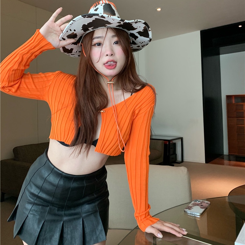 SUXI Áo Croptop Tay Dài Thiết Kế Cổ Chữ V Khoét Sâu Màu Sắc Thanh Lịch Quyến Rũ