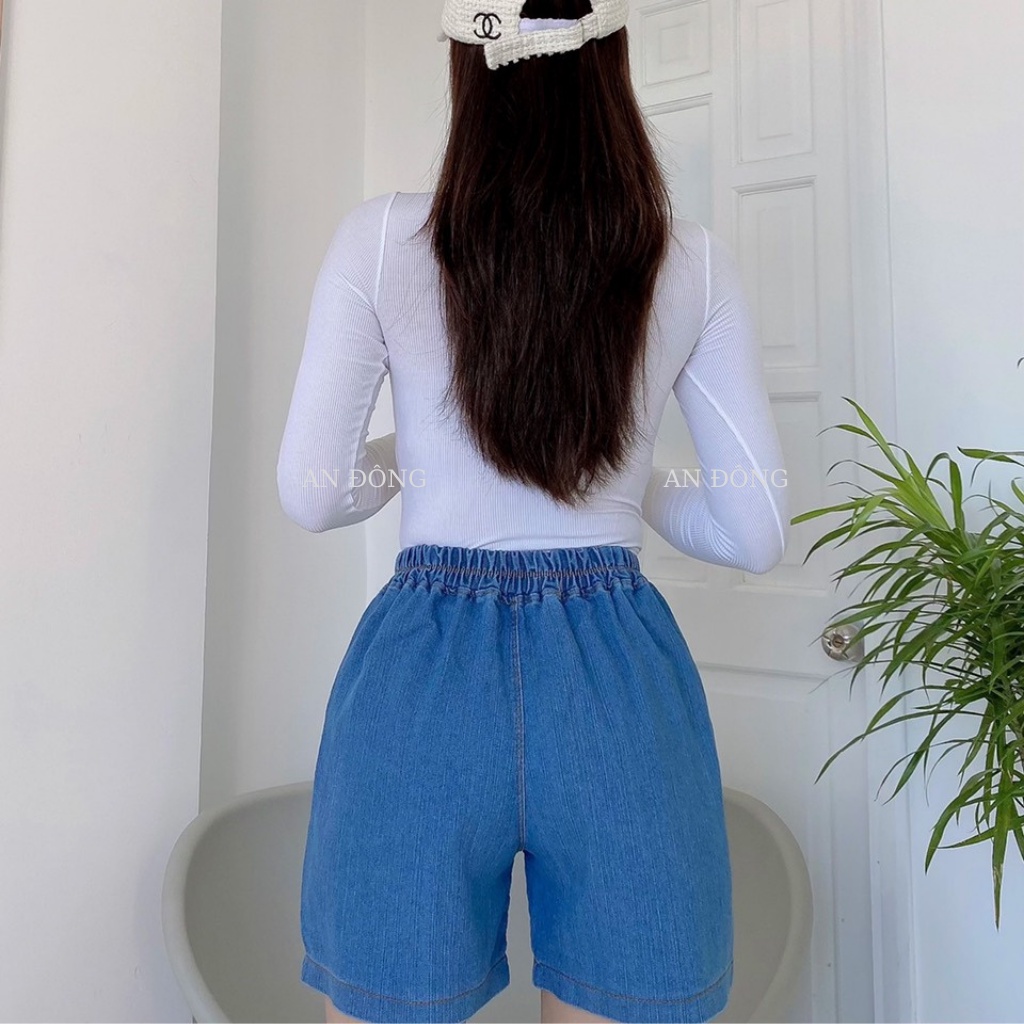 Quần jean short nữ lưng chun vải denim co giãn, quần lửng ngố ống rộng