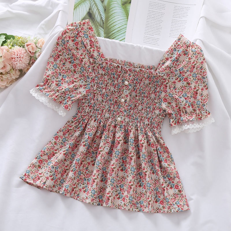 Áo chiffon cổ vuông phối ren họa tiết hoa ngọt ngào thời trang mùa hè Hàn Quốc 2021 thanh lịch