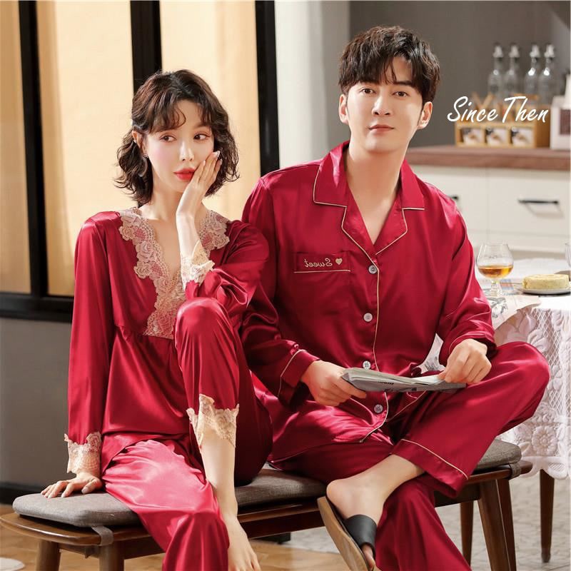 Đồ ngủ đôi nam nữ dài tay phối ren sang chảnh màu đỏ, hàng có sẵn - Since Then