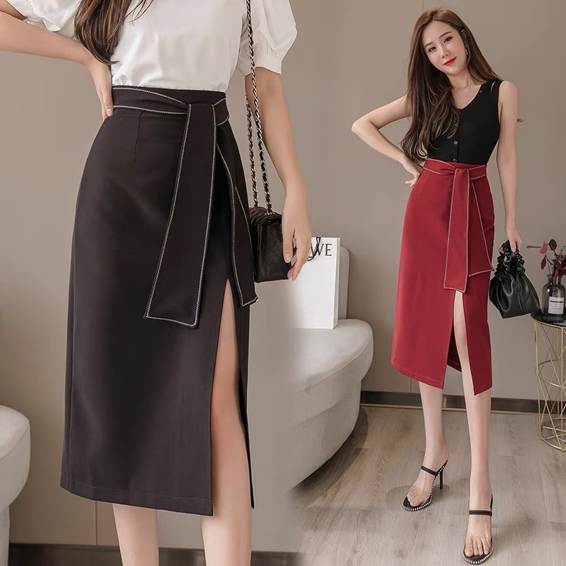 Chân Váy Suông Xẻ Cao Thắt Nơ Cách Điệu Trẻ Trung, Chân Váy Công Sở Dáng Dài Qua Gối