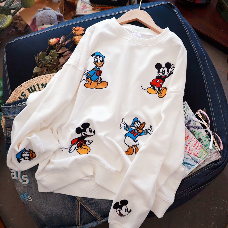 Áo Sweater Tay Dài Mỏng Thêu Họa Tiết Sọc Chuột Mickey Vịt Donald Thời Trang Xuân Thu Mới Cho Nữ