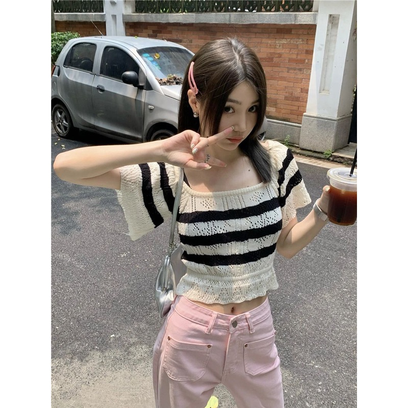 Áo Dệt Kim Ngắn Tay Họa Tiết Kẻ Sọc Thời Trang Hàn Quốc Cho Nữ