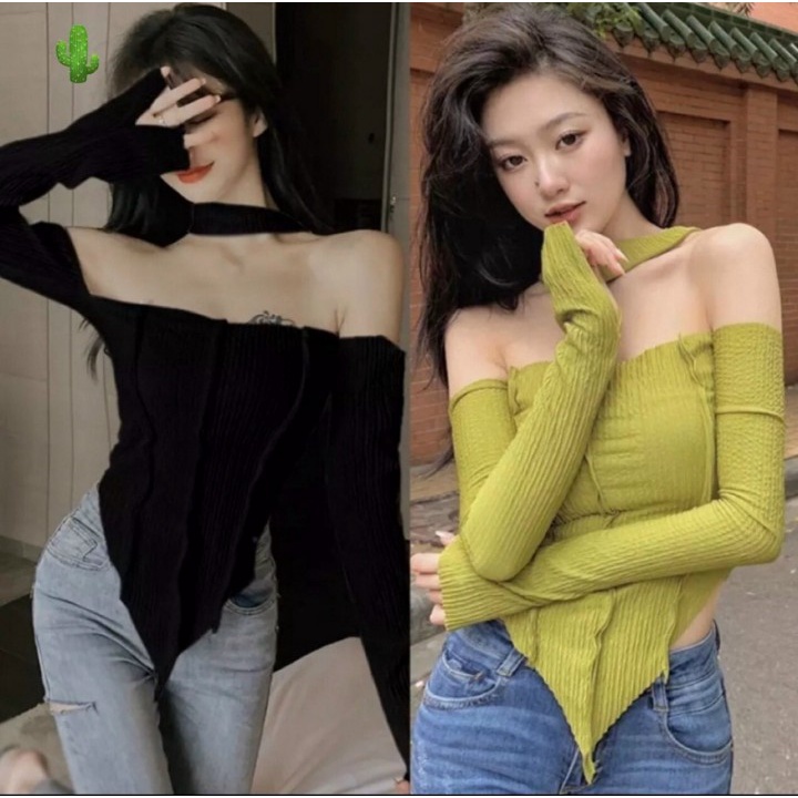 Áo bẹt vai tà nhọn phối dây choàng cổ chất thun Gân dày dặn Cam Kết Hàng y Hình ( Size từ 40-53kg )