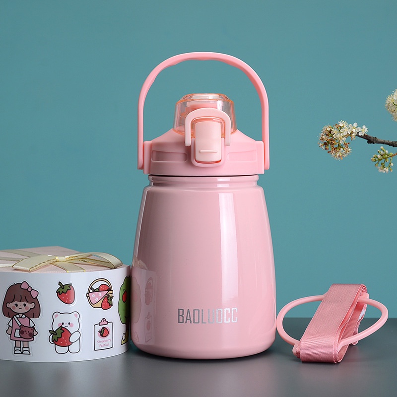 Bình giữ nhiệt cao cấp 850ml bụng nhỏ thể thao kèm stickers có dây đeo đẹp chắc chắn