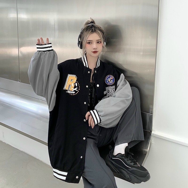 Áo khoác BOMBER R nỉ bông màu ĐEN/NÂU tay dài form rộng Ulzzang/Nam nữ unisex/FREESHIP ❤️