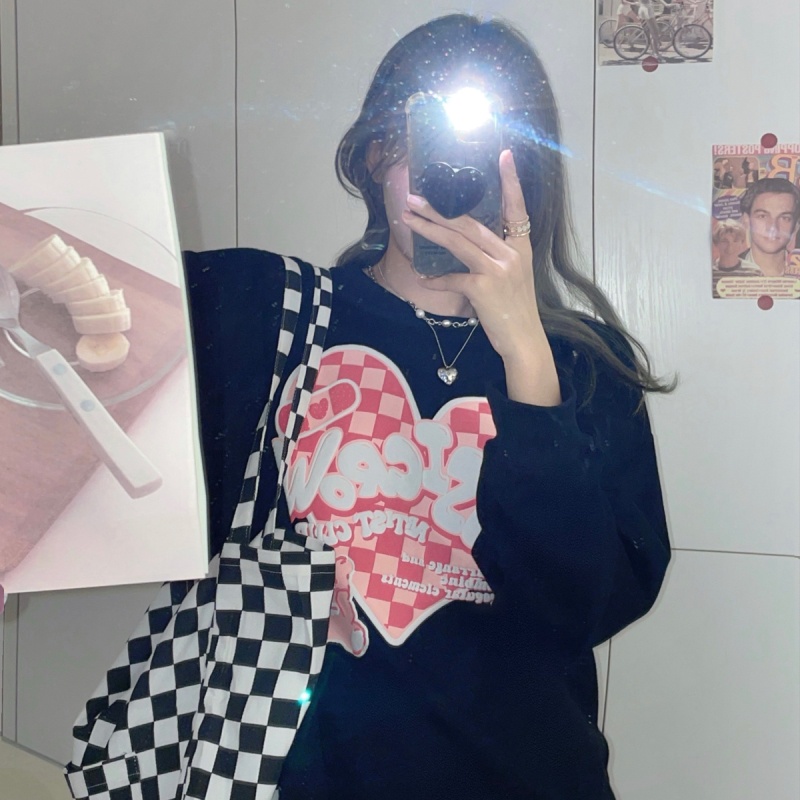 Áo Nỉ Cổ Tròn In Hình Trái Tim Ca Rô Thời Trang Dành Cho Nữ | BigBuy360 - bigbuy360.vn