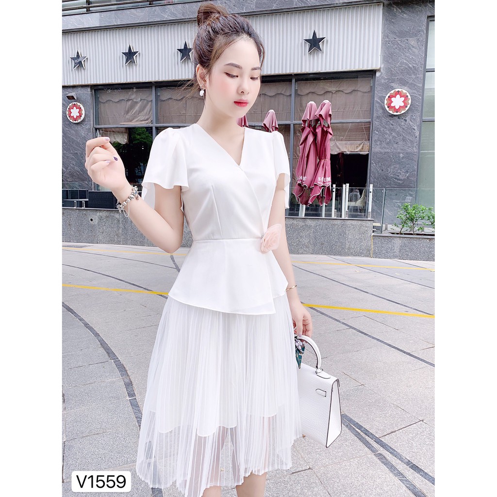 Váy trắng liền cổ V V1559 - Đẹp Shop DVC (Kèm ảnh thật trải sàn do shop tự chụp) | BigBuy360 - bigbuy360.vn