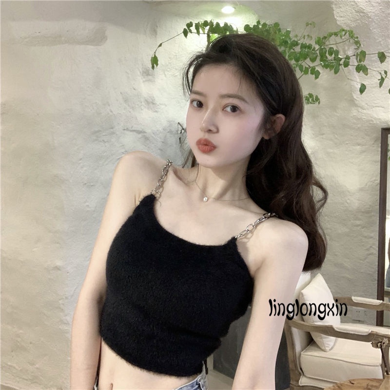 ✫Ki✭Áo Hai Dây Cổ Chữ U Màu Trơn Bằng Vải Lông Có Dây Xích Kim Loại Dành Cho Nữ