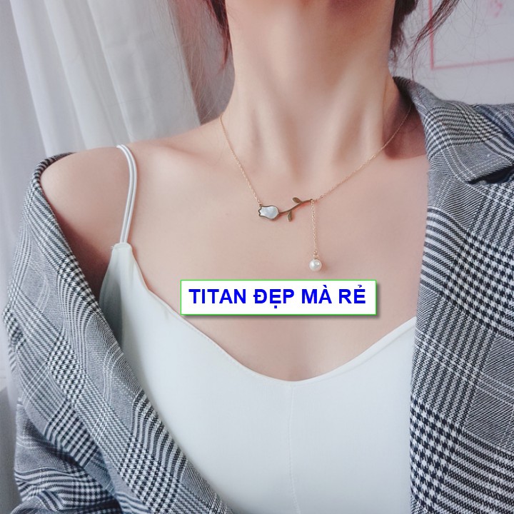 Dây chuyền màu vàng nữ có mặt hoa tulip phối ngọc cực xinh - Hàng chuẩn titan màu sắc bóng đẹp-Cam kết 1 đổi 1 nếu đen