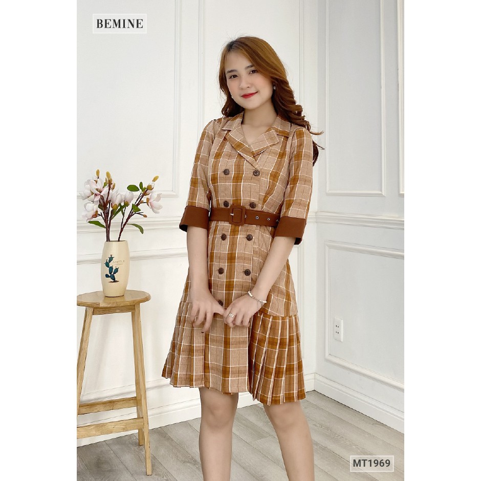 Đầm caro cổ vest đuôi cá BEMINE MT1969NAU | BigBuy360 - bigbuy360.vn