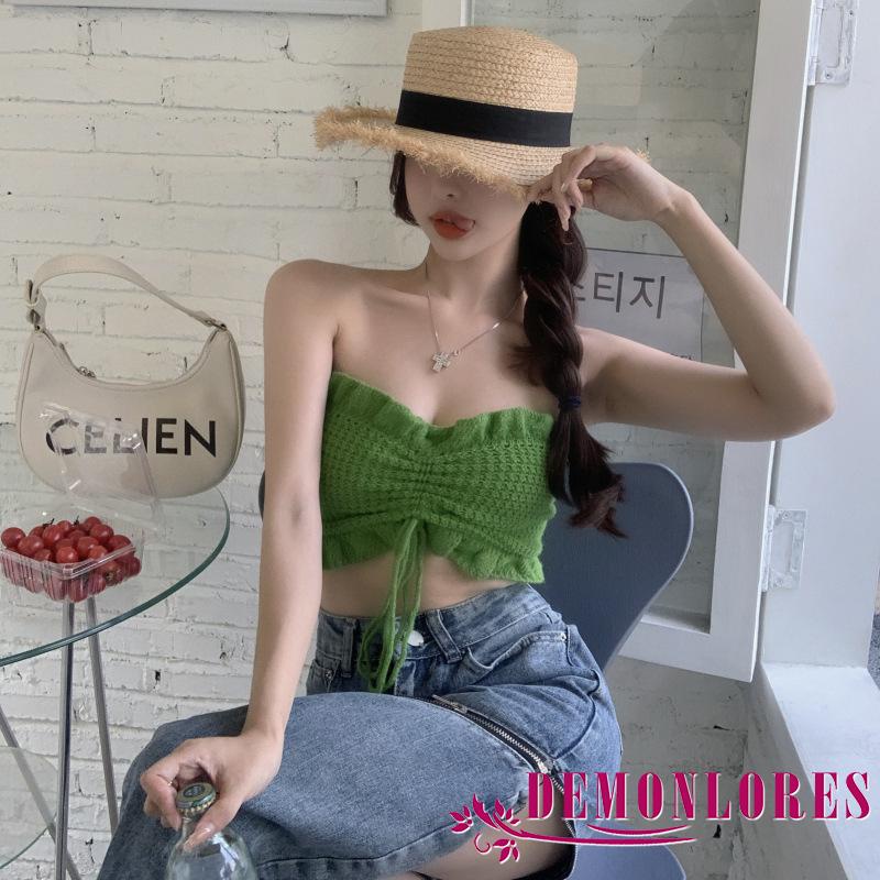 Áo ống quây có dây buộc màu trơn diềm bèo xếp nếp phong cách mùa hè cho nữ