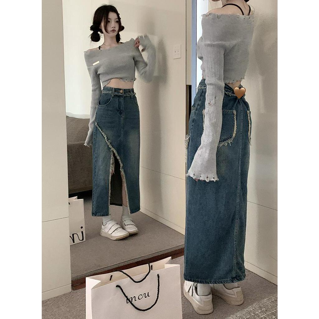 Chân váy jean Lưng Cao Xẻ Tà Phong Cách retro Dành Cho Nữ