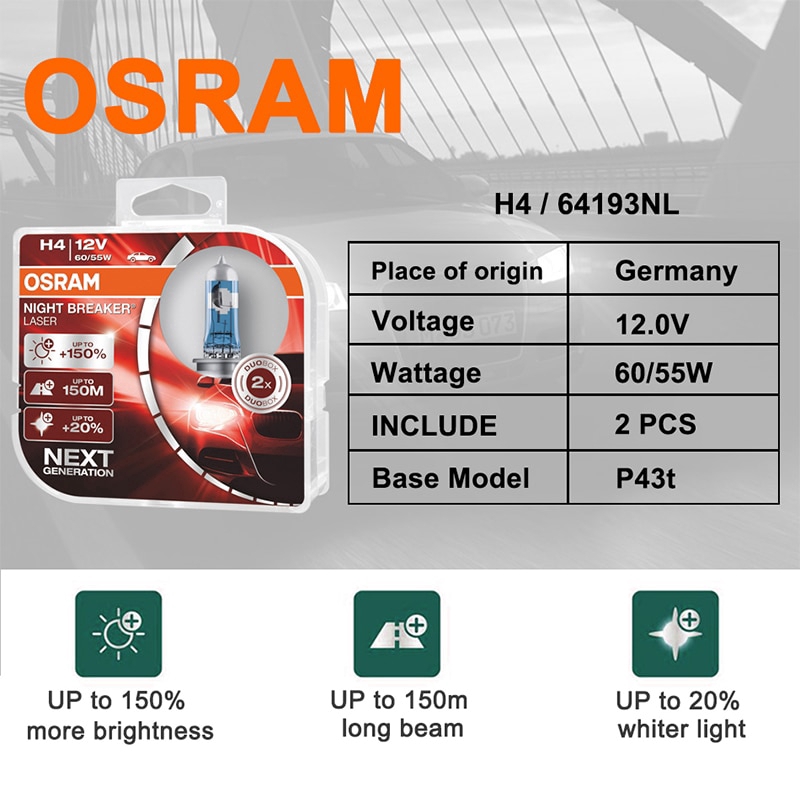 OSRAM Night Breaker Laser Thế Hệ Tiếp Theo H4 9003 HB2 HS1 12V 60/55W P43t 64193NL +150% Bóng đèn Pha Halogen ô Tô Sáng