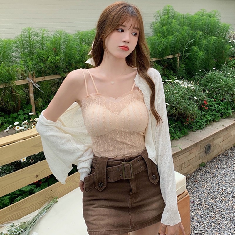 Áo Croptop Sát Nách Phối Ren Phong Cách Hàn Quốc