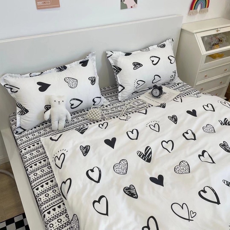 Set Bộ Vỏ Cotton Poly Tim Trắng Ghi, Chất Vải Đanh Mát _shinbedding