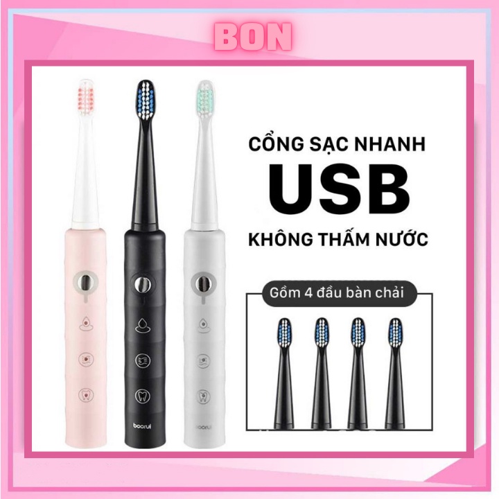 Bàn chải điện sạc USB Bàn chải đánh răng điện tự động Bon với 6 chế độ cao cấp chống nước chống rung BOORUI BR-Z2