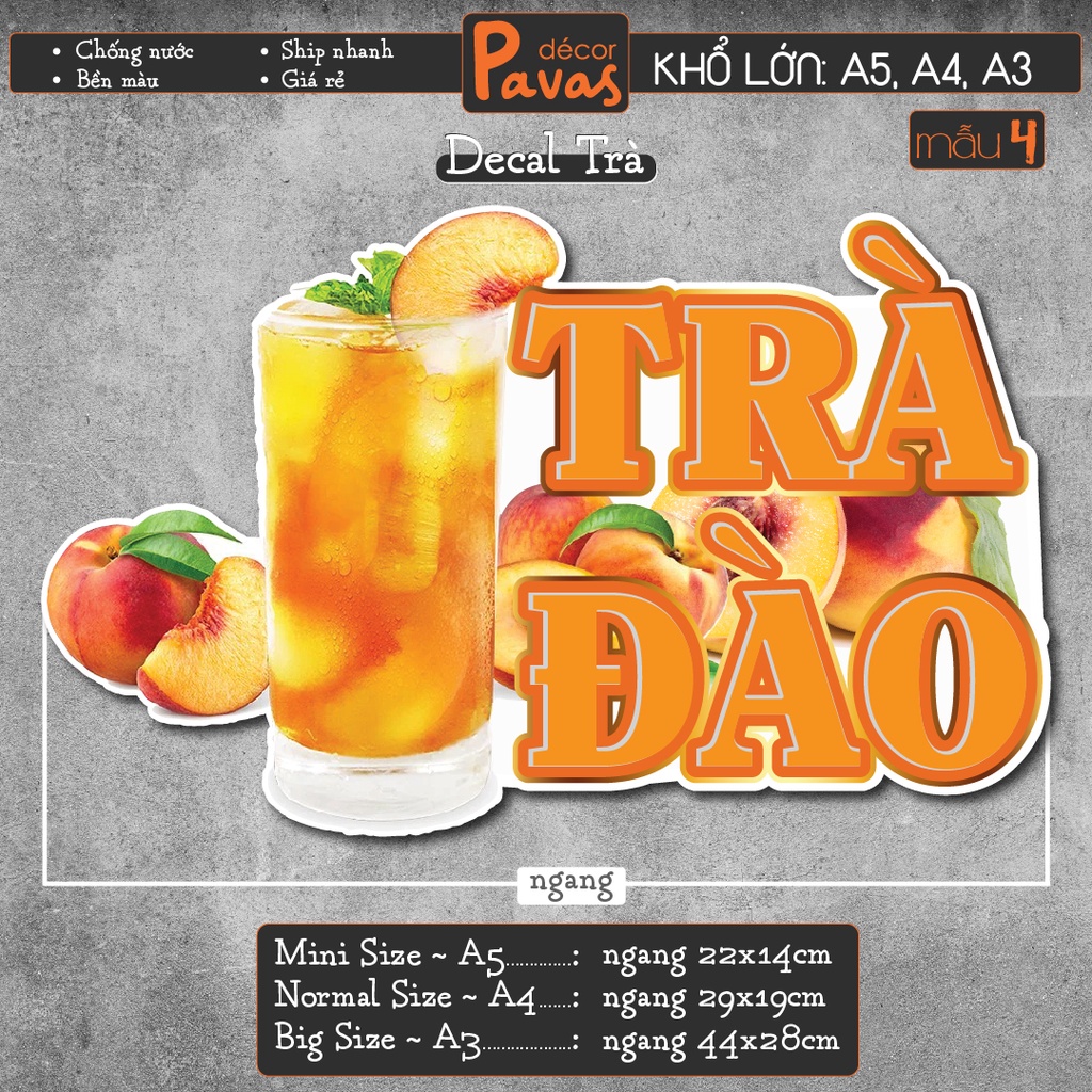 Decal Trà Vải, Trà Chanh, Trà Đào, Trà Dâu, Trà Tắc chống nước trang trí dán quán trà sữa, cà phê, quán ăn,tủ kính TTQ05