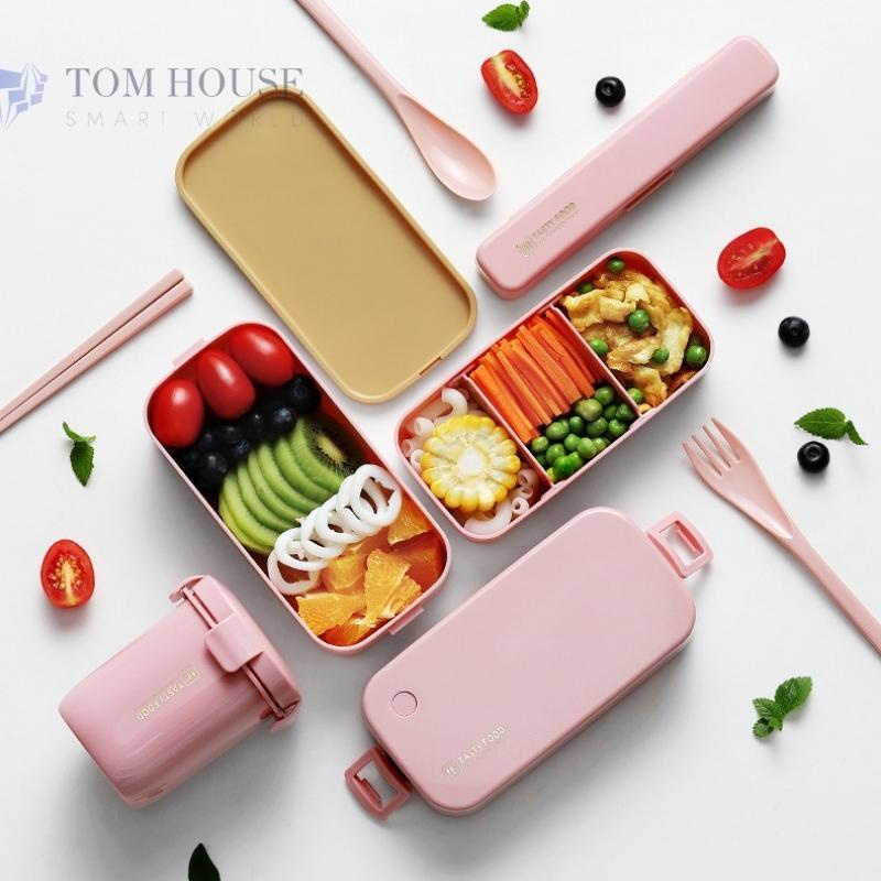 Bộ 3 Sản Phẩm Hộp Cơm Trưa 2 Tầng Cốc Đựng Canh Và Bộ Đũa Muỗng Dung Tích 1.5L Phong Cách Bắc Âu Siêu Đẹp