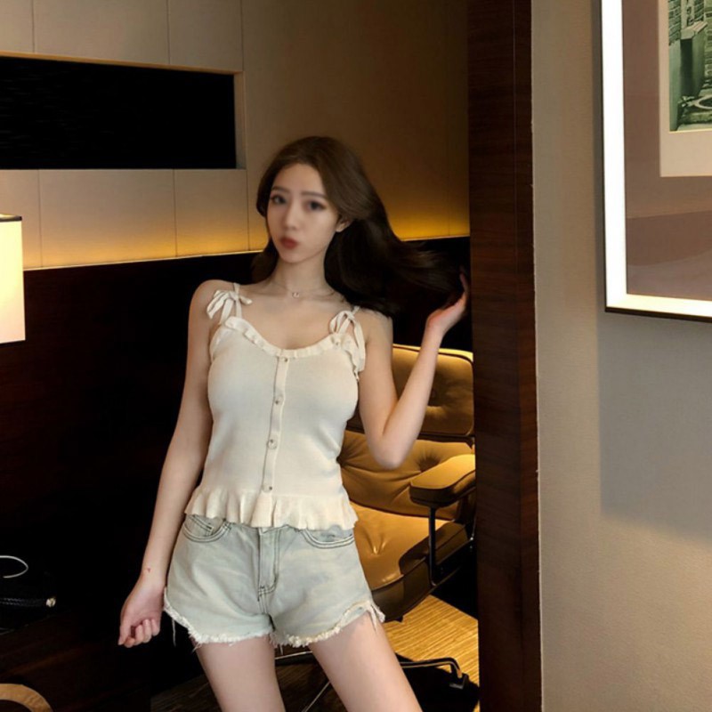 Áo nữ không tay phối nút thời trang vải Cotton