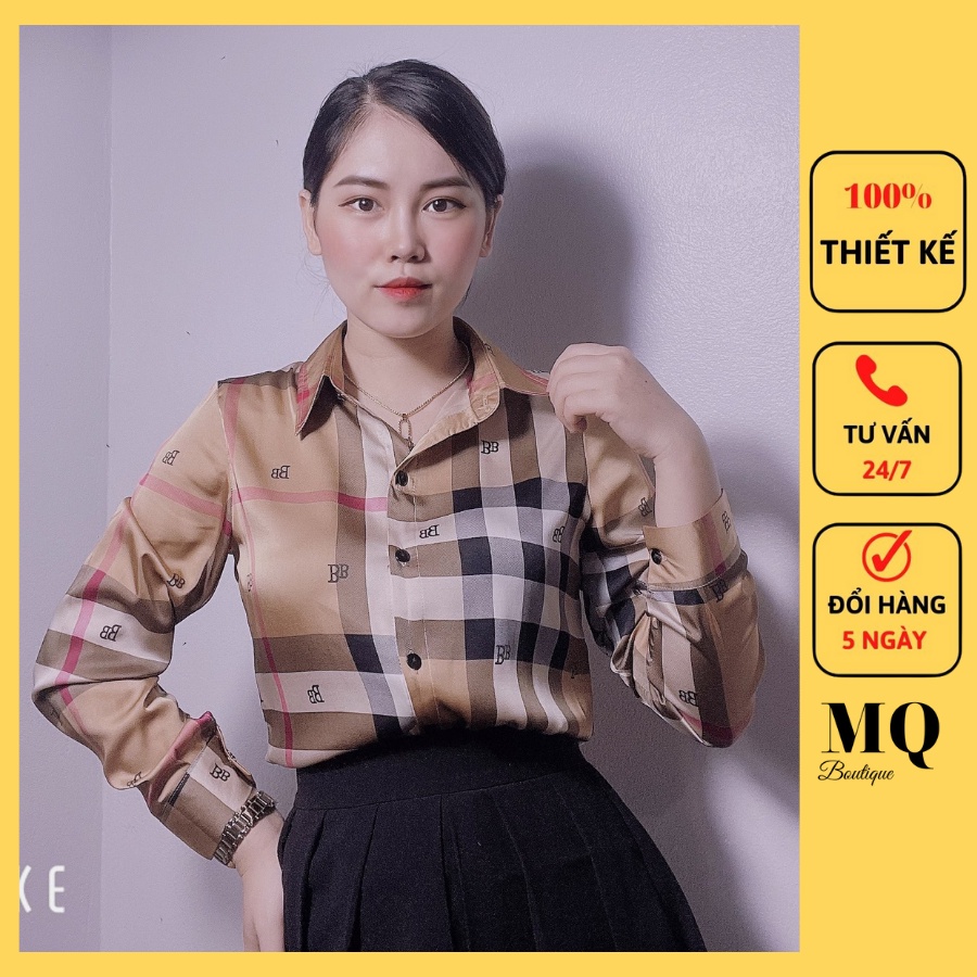 Áo sơ mi nữ lụa tay dài kẻ caro nâu cao cấp công sở áo sơ mi họa tiết bb thiết kế MQ Boutique