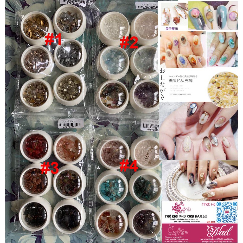 Sét Xà Cừ Sỏi Trang Trí Móng Nail Với Màu Sắc Tự Nhiên Pha Lê trong Suốt  - Lẻ 1 Sét 6 Hũ