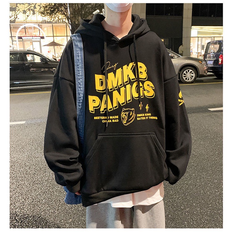 Áo hoodie dài tay dáng rộng in họa tiết hoạt hình phối túi và dây rút phong cách Hàn Quốc cho nam