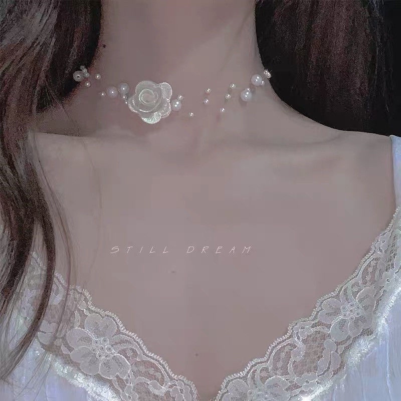 Vòng Cổ choker Hai Lớp Đính Hoa Trà Và Ngọc Trai Cao Cấp Phong Cách Pháp Thanh Lịch Dành Cho Nữ