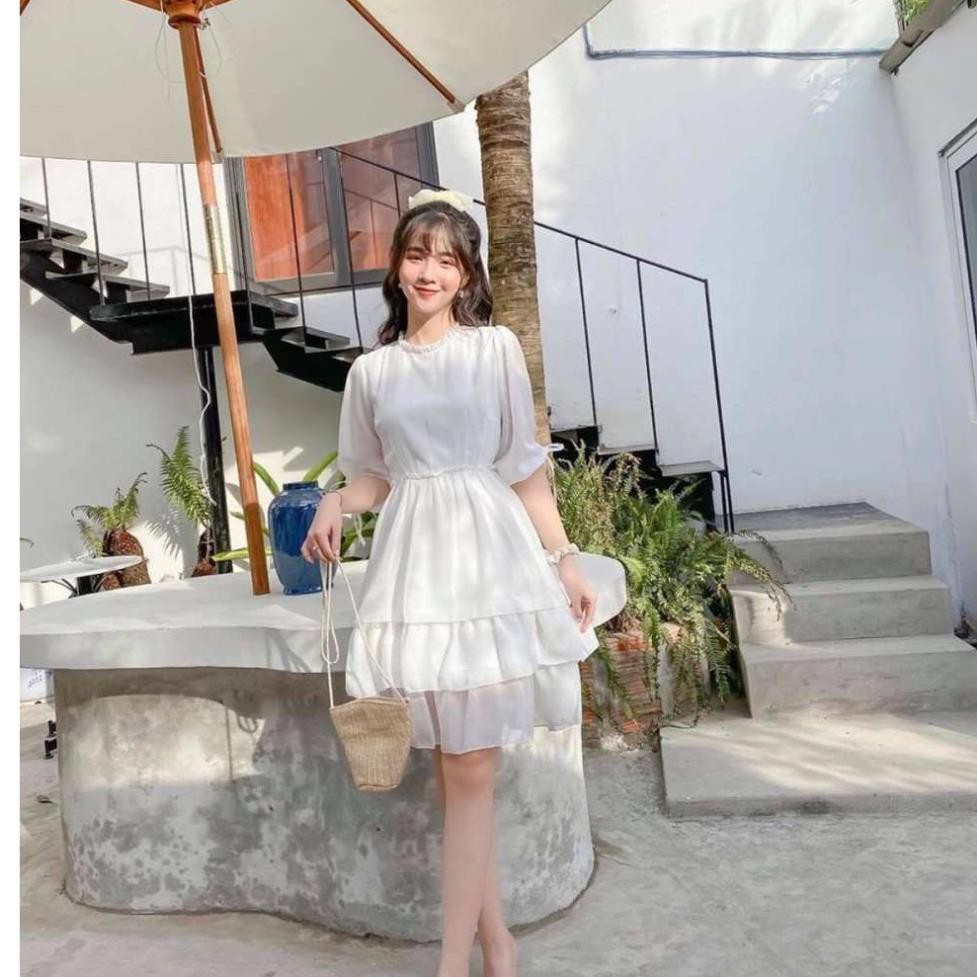 Đầm Nữ Dự Tiệc Cổ Tròn tTay Lỡ Thân Váy Nhún 3 Tầng Phù Hợp Đi Tới Sự Kiện, Tiệc ,Đi Chơi Phố -TOMGB