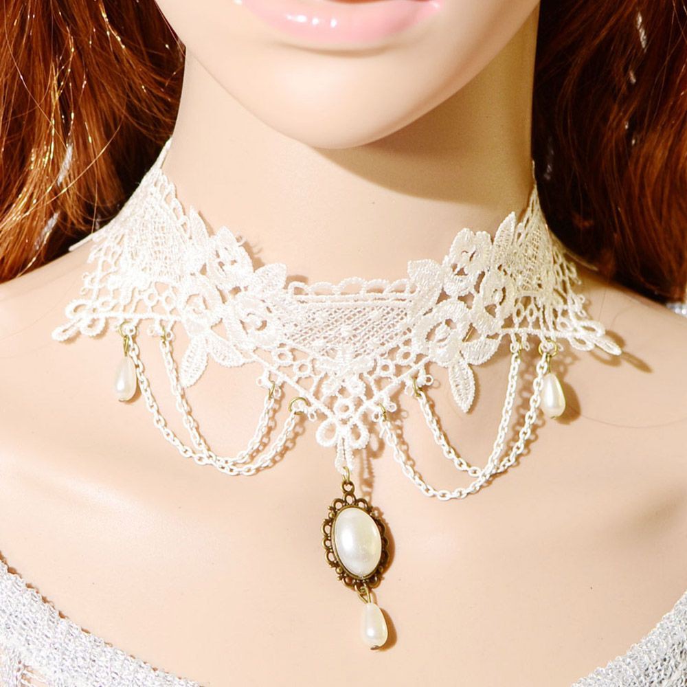 Vòng cổ choker ren phối ngọc trai thời trang vintage cho nữ