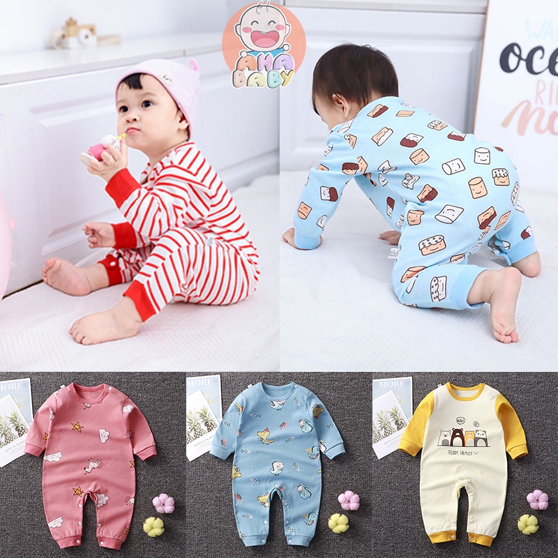 Áo liền quần cotton tay dài họa tiết hoạt hình xinh xắn dành cho em bé sơ sinh