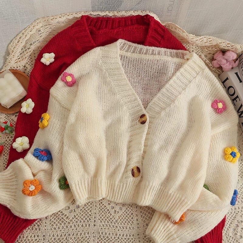 Áo khoác cardigan len bông hoa nổi siêu xinh siêu hot