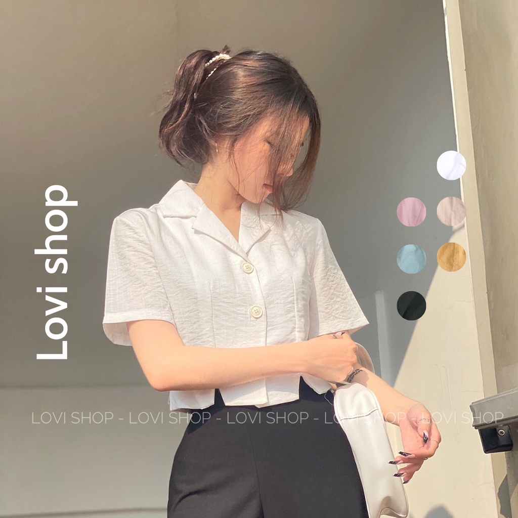 LOVI SHOP- Áo sơ mi croptop cổ vest tay ngắn basic nhiều mà nhà Lovi