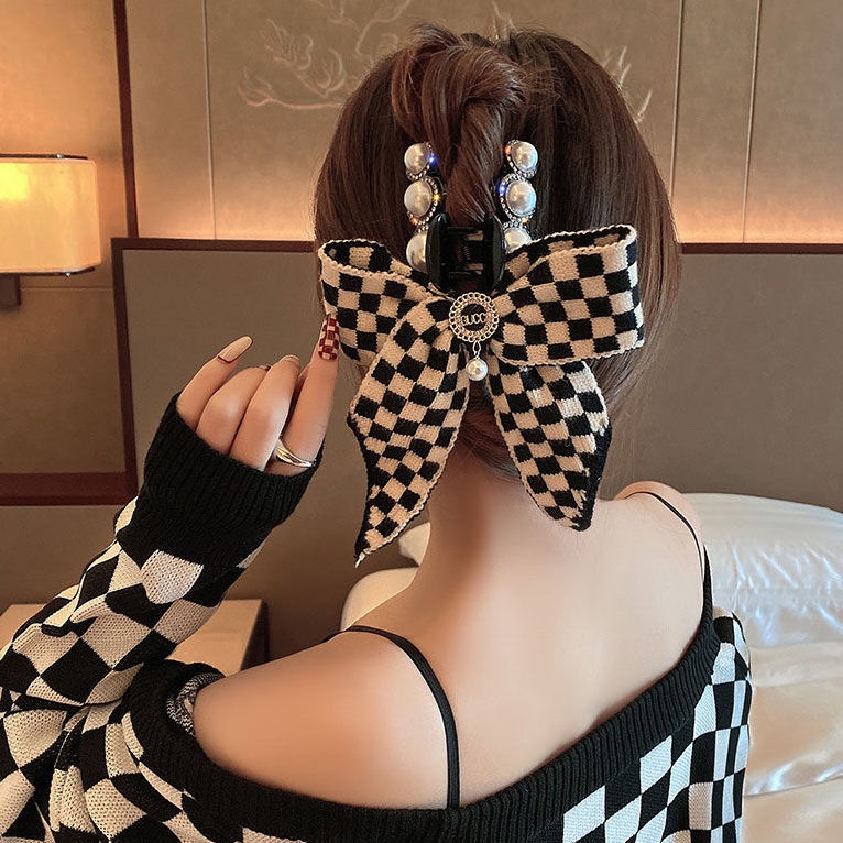 Kẹp Tóc Họa Tiết Ca Rô Đen Trắng Thời Trang Thu Đông Dành Cho Nữ