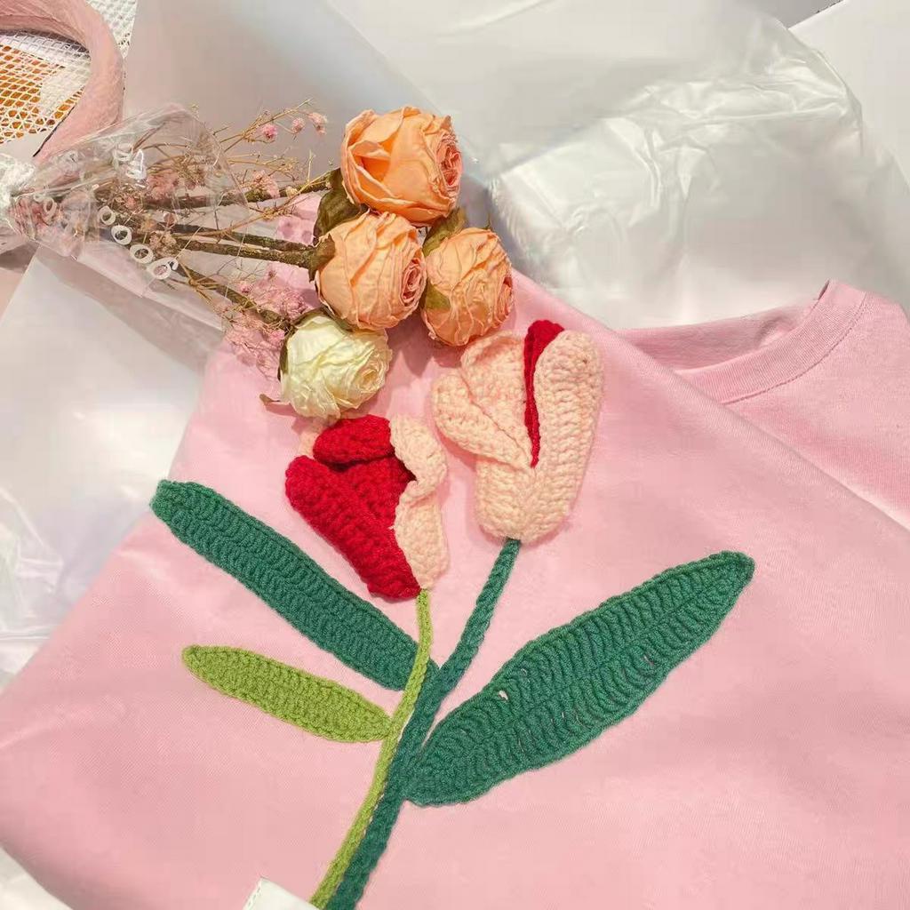 「 WELOVE1 」Áo Thun Nữ Dệt Kim Tay Ngắn Cổ Tròn Dáng Rộng Màu Hồng Thời Trang Mùa Hè Mới