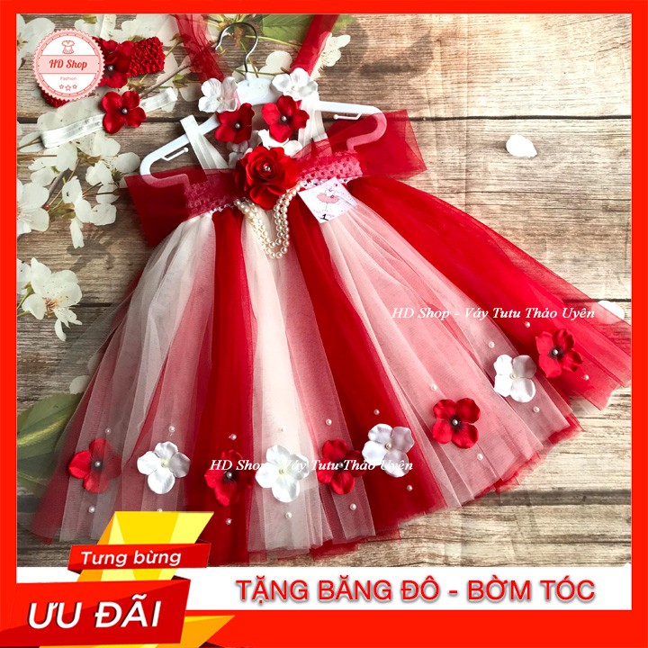 Đầm công chúa cho bé ❤️FREESHIP❤️ Đầm cho bé gái trắng phối đỏ hoa hồng tú cầu