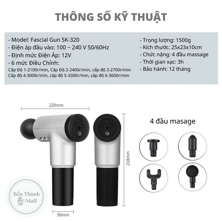 SÚNG MASSAGE 6 CHẾ ĐỘ + 4 ĐẦU MASSAGE, MÁY MASSAGE FASCIAL GUN-Giảm Mỡ, Giảm Nhức Mỏi, Căng Cơ