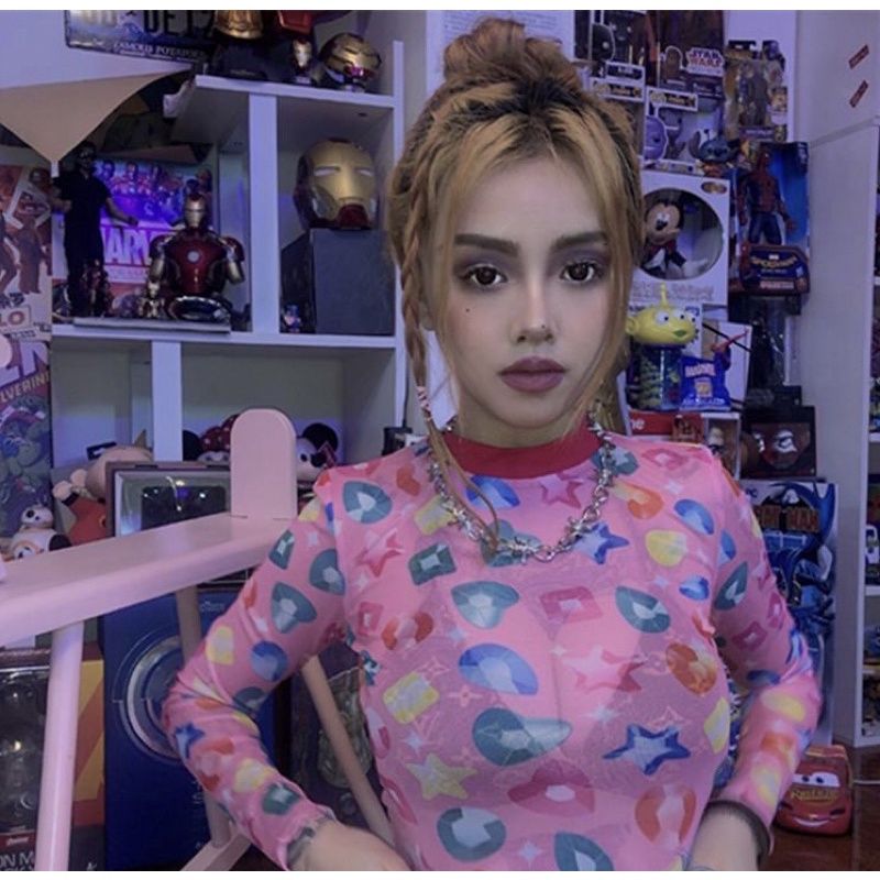 Áo croptop lưới hồng phong cách y2k cực dễ thương